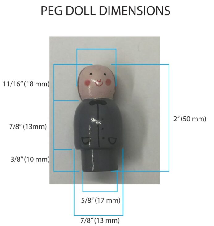 Diagram showing the dimensions of a peg doll, including height, width, and proportions for crafting
