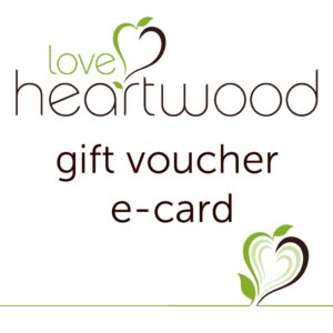 White sqaure with green and brown text reading Love Heartwood gift voucher e-card