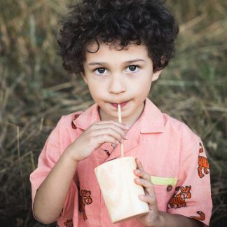 boy drinking from wood cup using a wheat straw