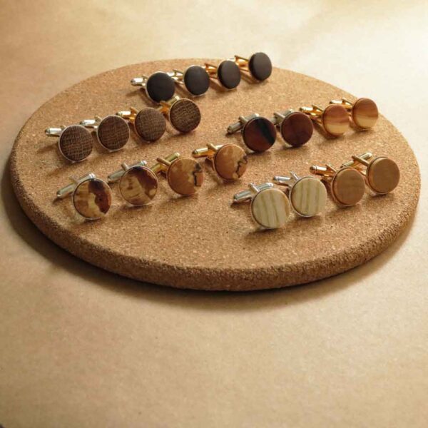 Stylish wooden cufflinks meticulously crafted by hand, adding a touch of natural elegance to your formal attire.