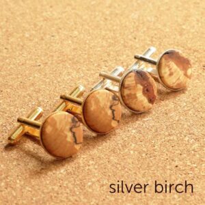 Elegant silver or gold-plated cufflinks featuring handmade wooden cabochons, perfect for sustainable style enthusiasts.