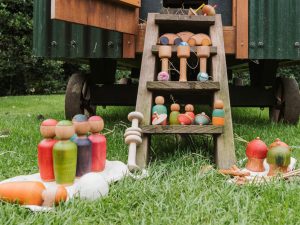 blue sky wooden toy collection on the steps of a chicken coup