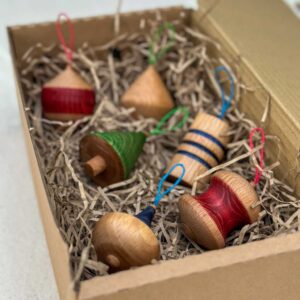Set of 6 boxed Love Heartwood wooden Christmas tree decorations