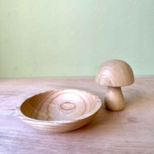 Wooden turned mushroom and small bowl.