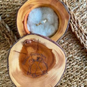 yew ring box with ring inside and personal laser engraving on lid