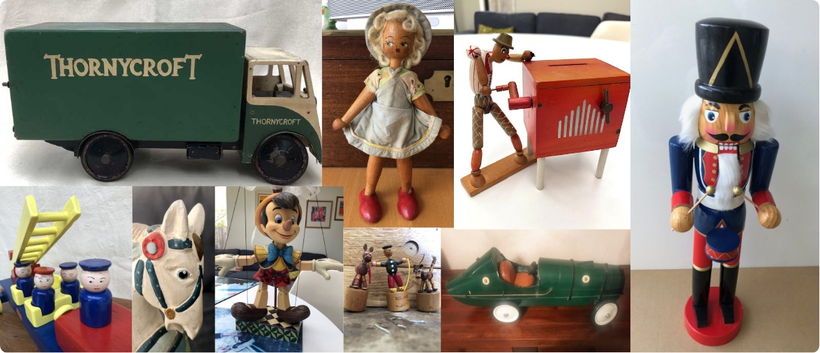 A collage featuring an assortment of vintage toys and figurines, showcasing nostalgic designs and colourful details