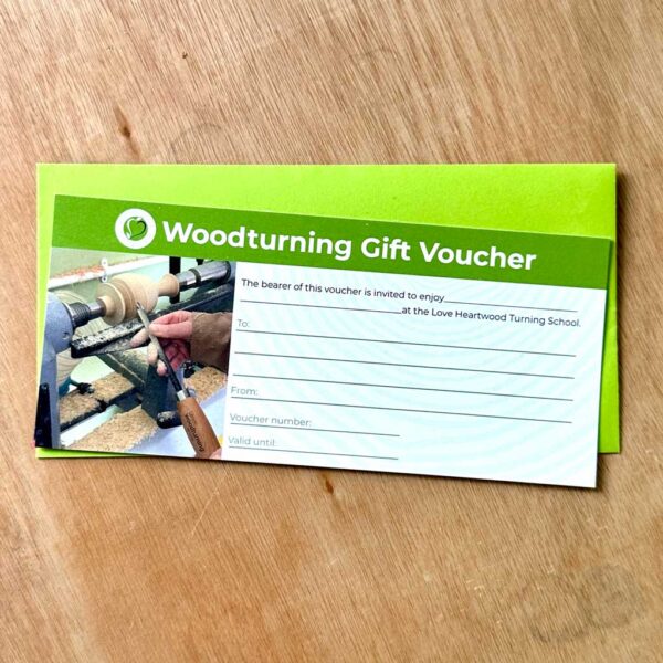 Love Heartwood woodturning gift voucher with envelope.