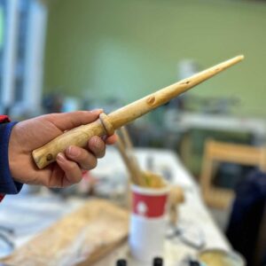 Wand made by 12 year old on a lathe from Scot's Pine wood.