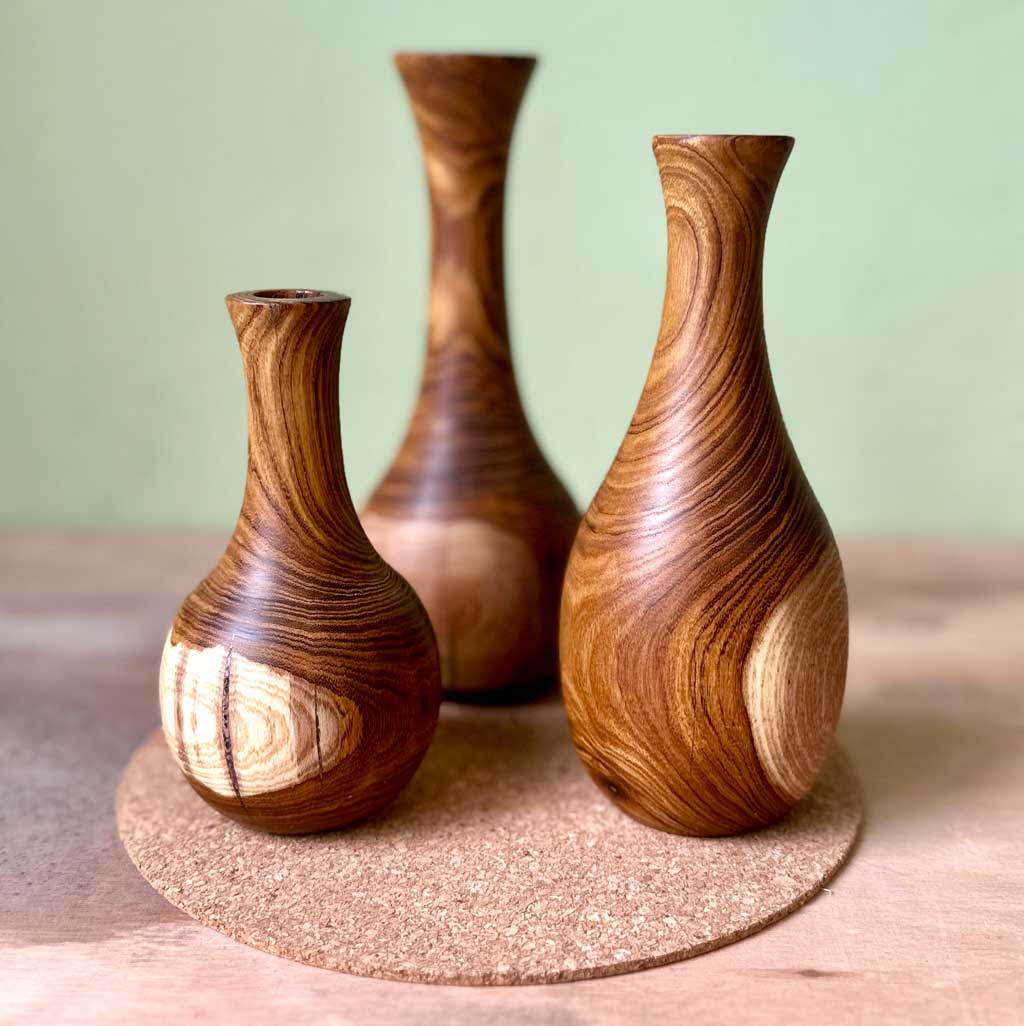 A trio of laburnum vases turned while still 'green'