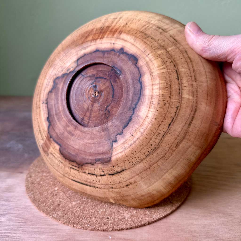 Bottom of an end grain platter with distortion around the pith