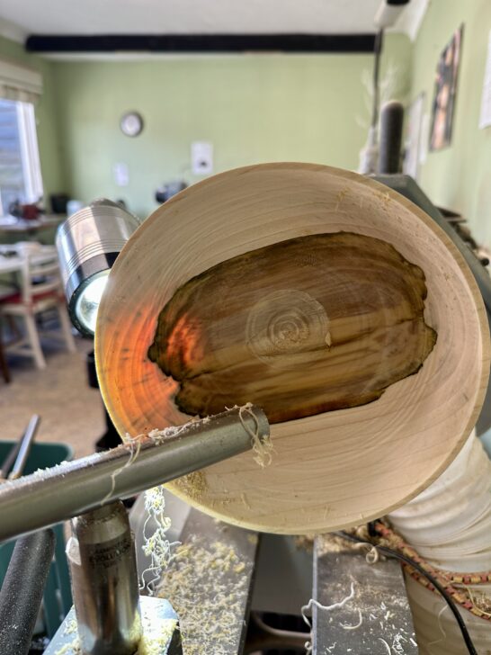 Thin walled cross grain wet turned rowan bowl showing light through the wood due to its thinnes