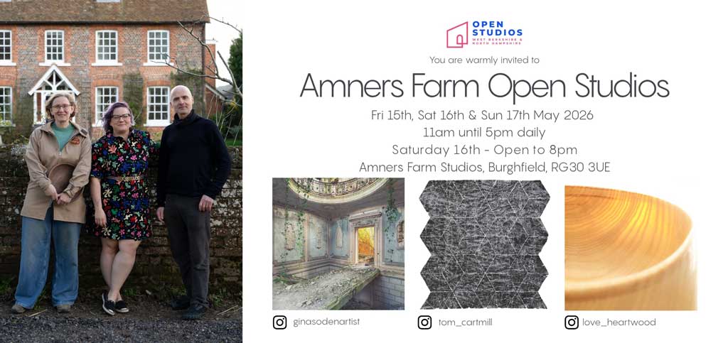 Open Studios May 2026 flyer showing Liz Pearson, Tom Cartmill and Gina Soden and images of their work.