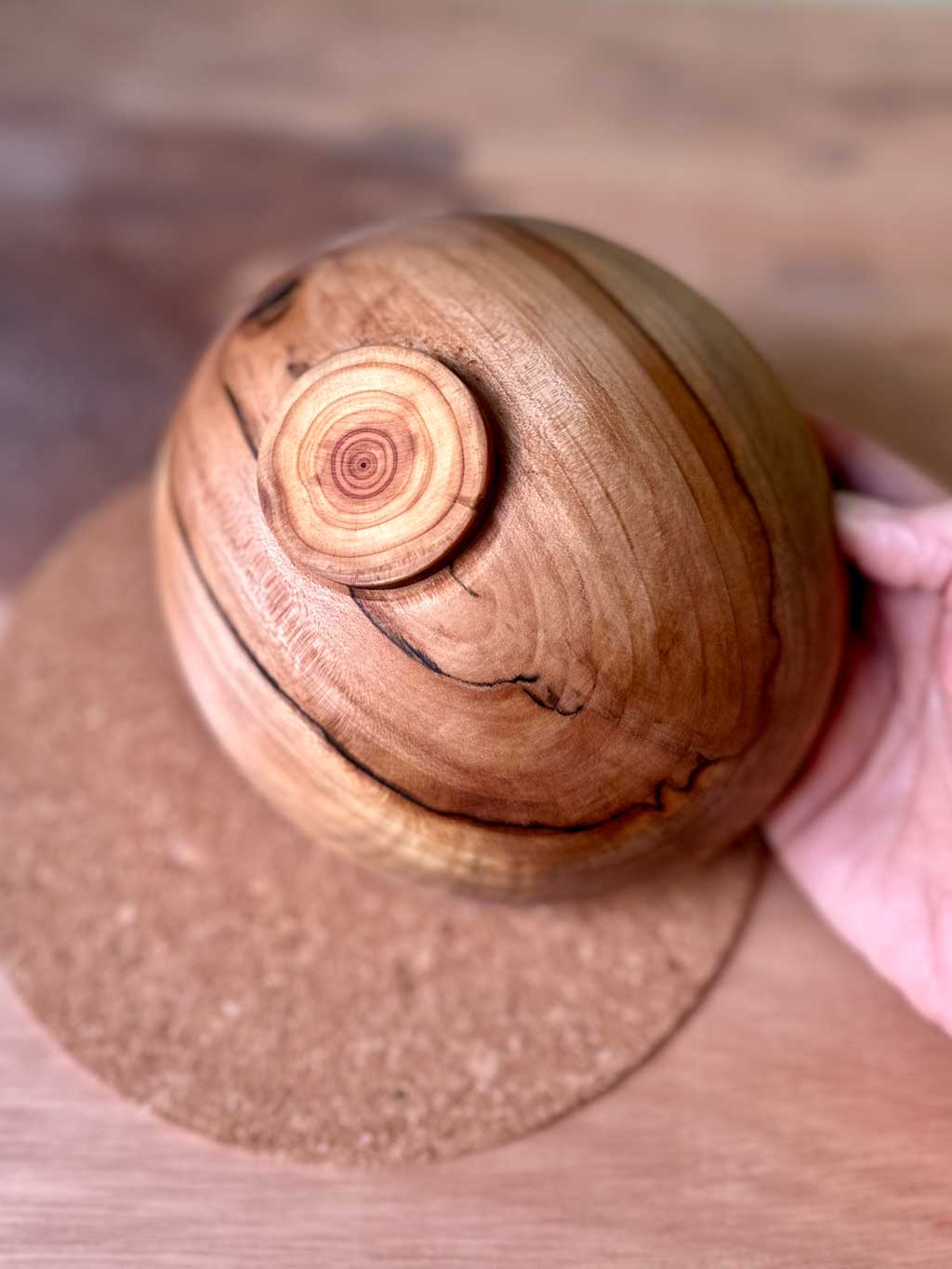 Underside of bark edged cross grained Rowan bowl.