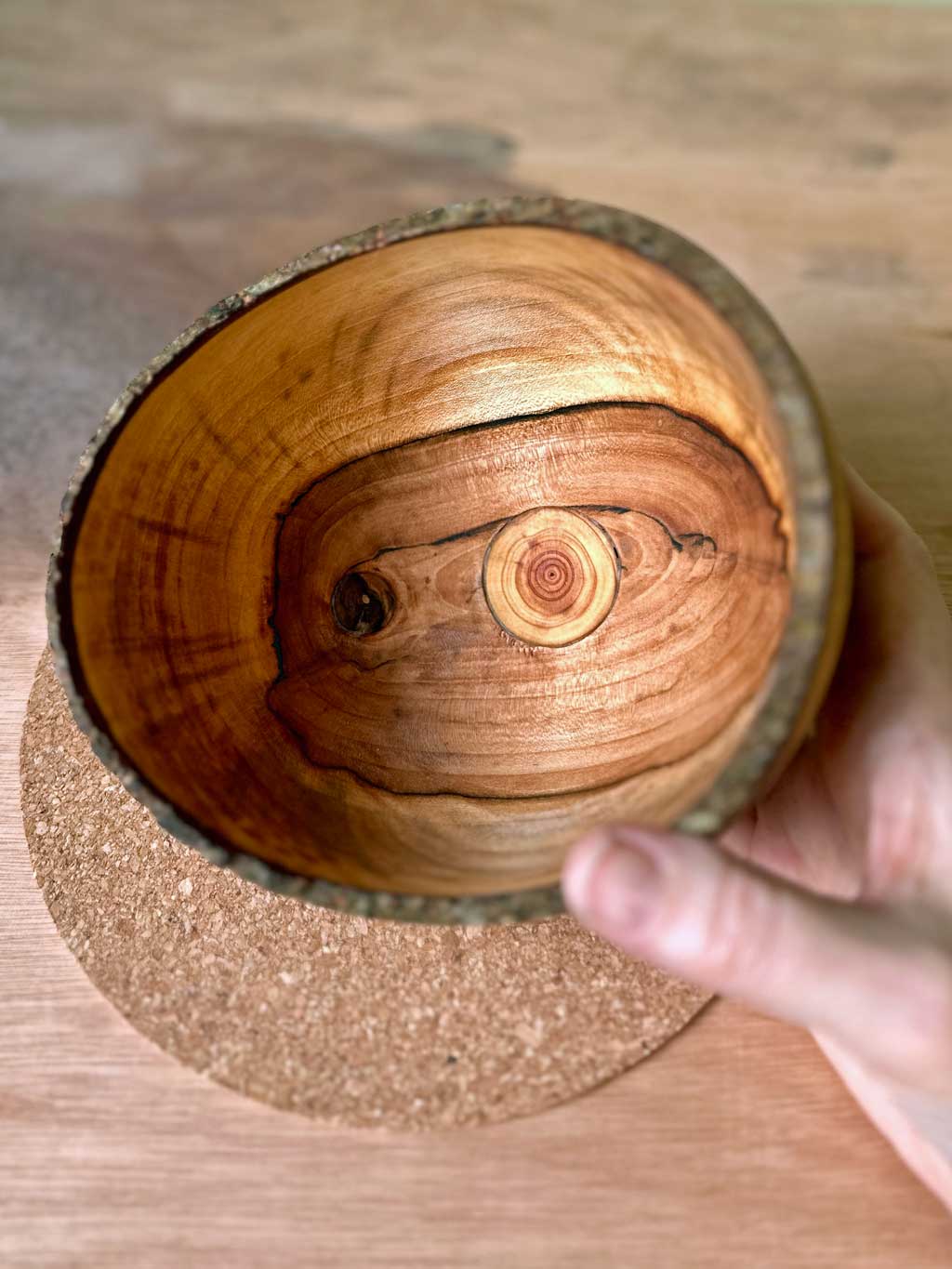 Inside of bark edged cross grained Rowan bowl.