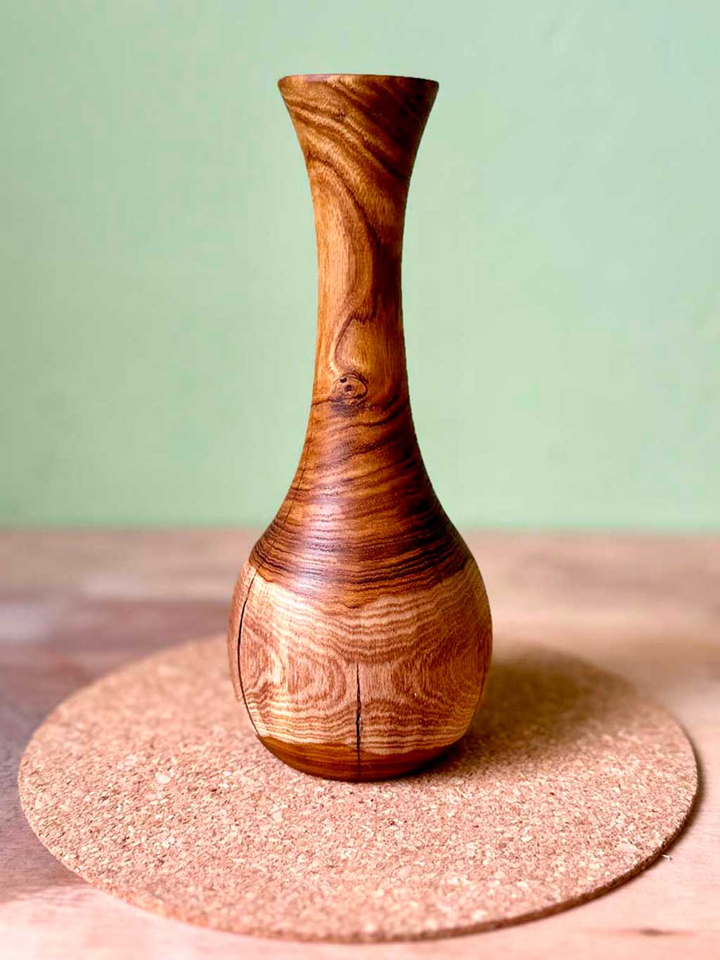 Tall Laburnum bud vase with tall neck and bulbous base.